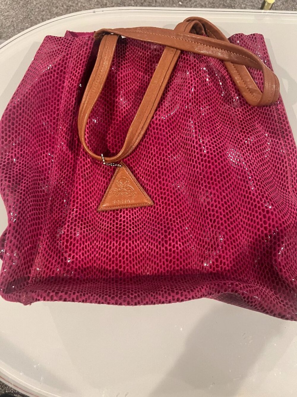 Sorial New York Rubina Fuchsia Snakeskin Leather Tote Bag Cognac Handles Large